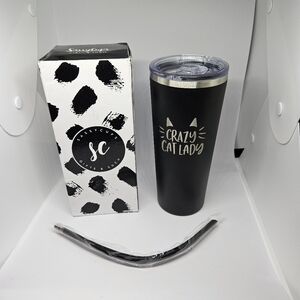 "Sassy Cups" Crazy Cat Lady Black Tumbler and Straw NIB